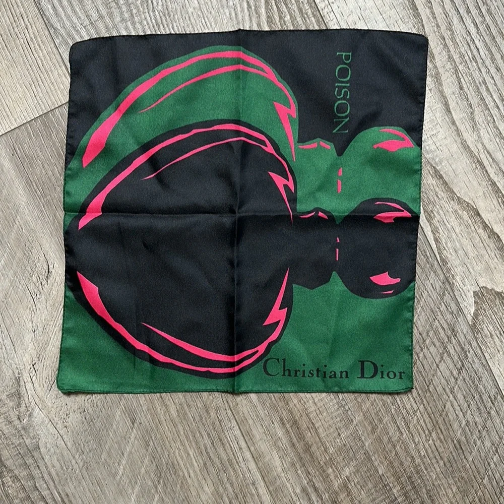 VTG Christian Dior POISON Mini Scarf Handkerchief Hankie black Pink Bottle EUC